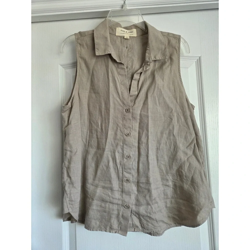 Cloth & Stone Tan 100% Linen Sleeveless Button Front & Back Top Blouse Sz M - Picture 1 of 5